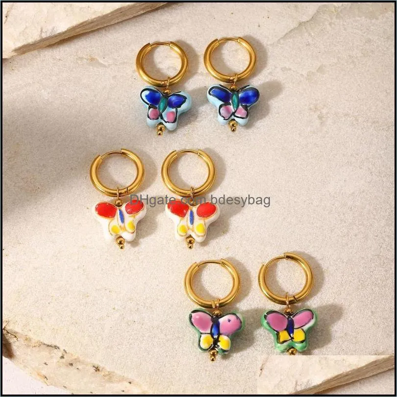 dangle & chandelier 1pair ins 18k gold ceramic insect butterfly animal hoop earrings multicolor metal women party club jewelrydangle