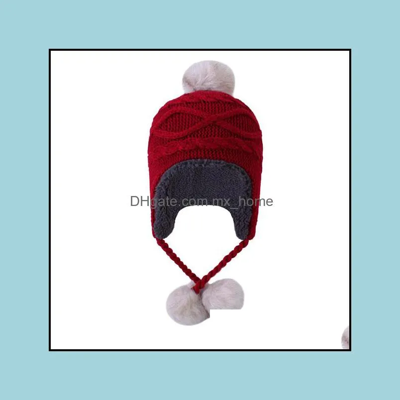 new autumn winter baby kids hat knitted beanies children fleece hats wool balls big girl earmuffs warm hats m238