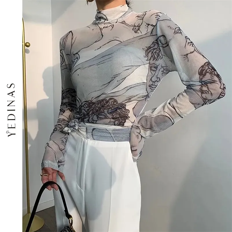 Yedinas Turtleneck Mesh Blouse Women Renaissance Print Long Sleeve See Through Top Ladies Sheer Designer Top Clothing 220516