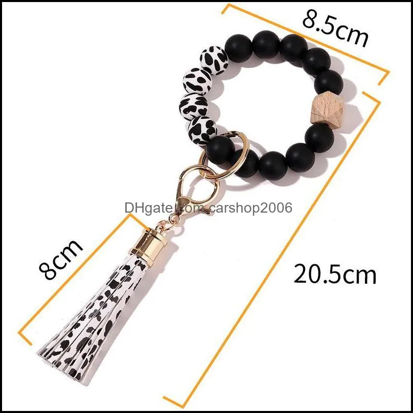 wristlet keyring bracelets keychain silicone wooden beads pu leather tassel pendant bag charms jewelry portable anti lost wrist key