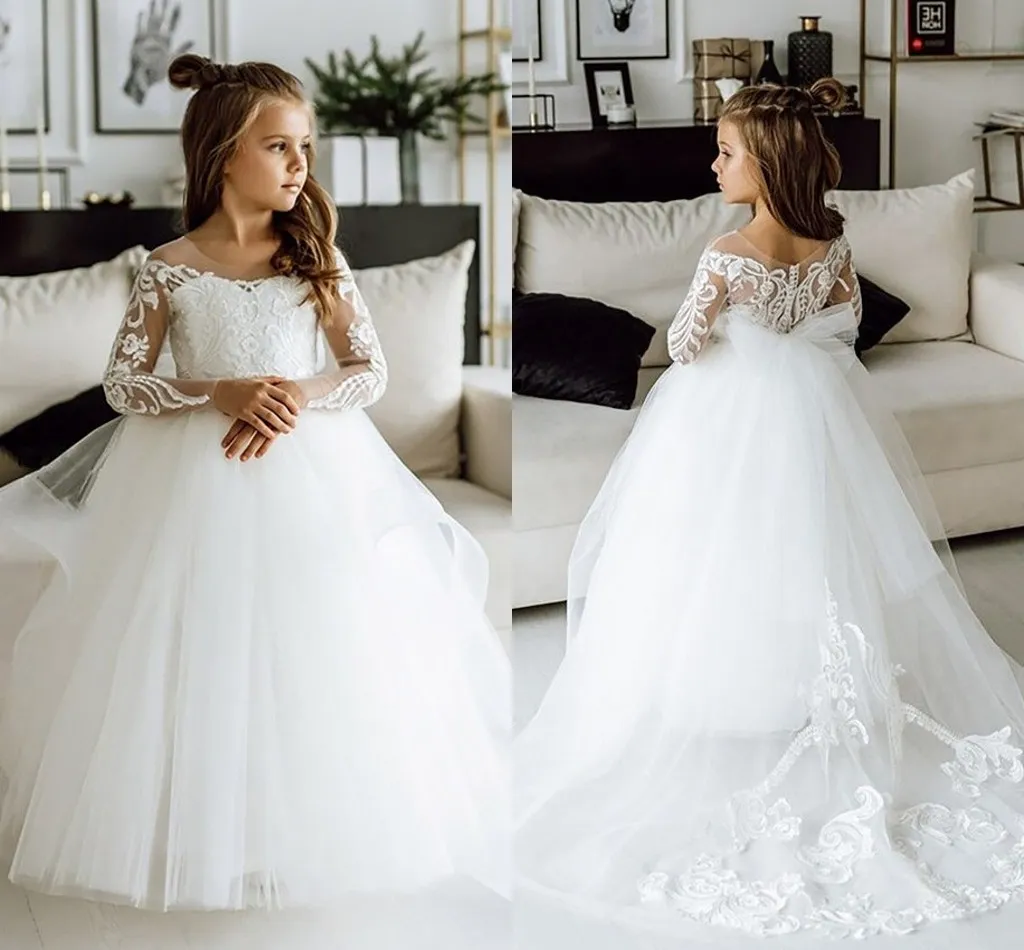 Princess White Flower Girl Dresses Sheer Long Sleeve Appliques A Line Girl Pageant Dresses Little Baby Kids Gowns For Birthday First Communions MC2308