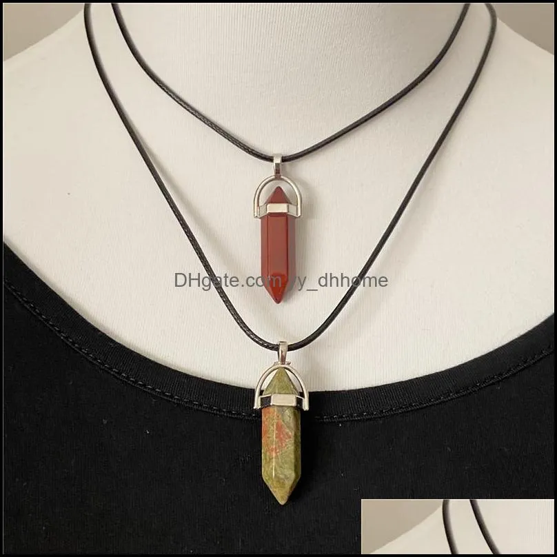 healing crystal natural stone pendant pillar shape charms turquoise tiger eye green rose quartz rope chain necklaces yydhhome