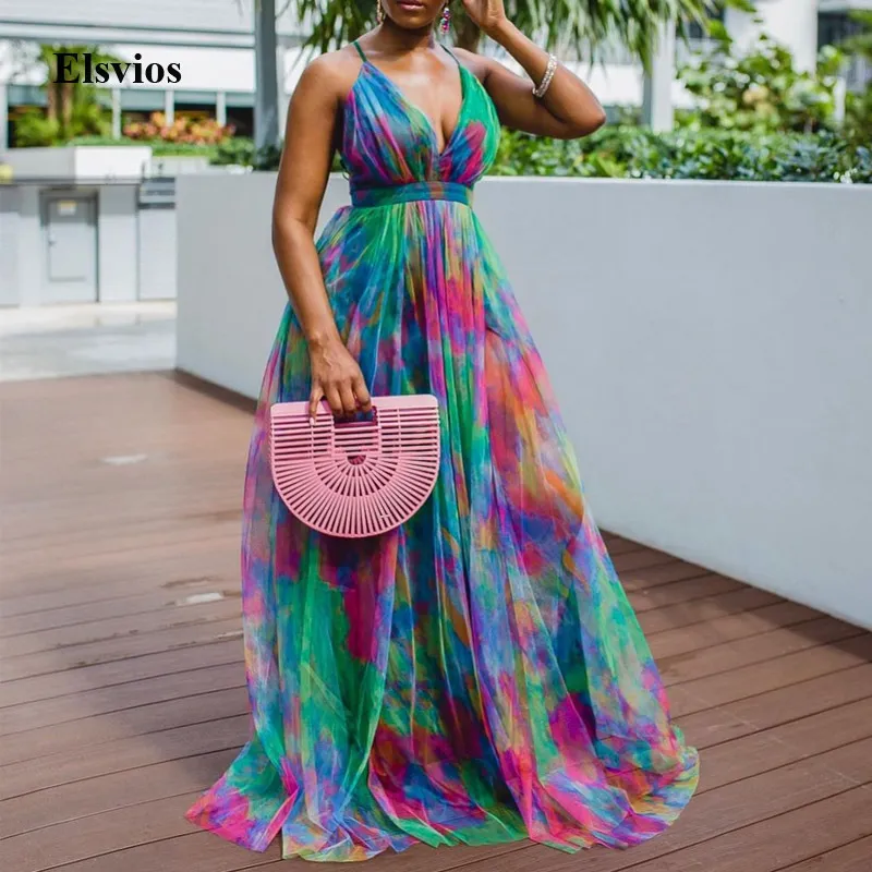 Mode elegant ärmlös sling party klänning sexig djup v backless lady maxi es casual tie dye print kvinnor strand lång 220713