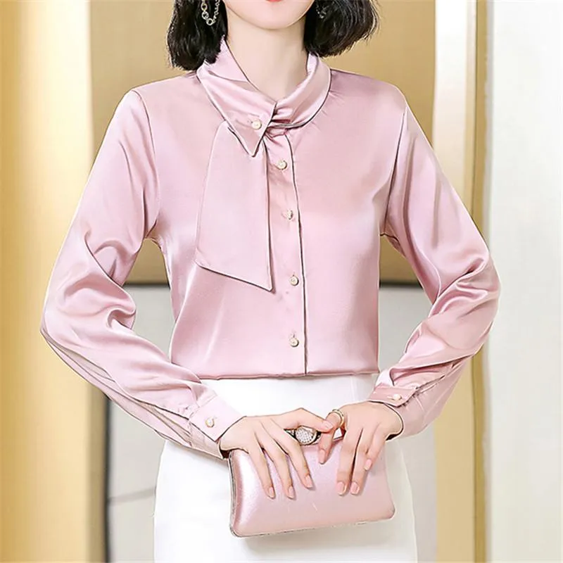 Women's Blouses & Shirts Spring And Autumn Korean Fashion Original Solid Color Streamer Slim Long-sleeved Shirt Women's Overalls Tops Pl