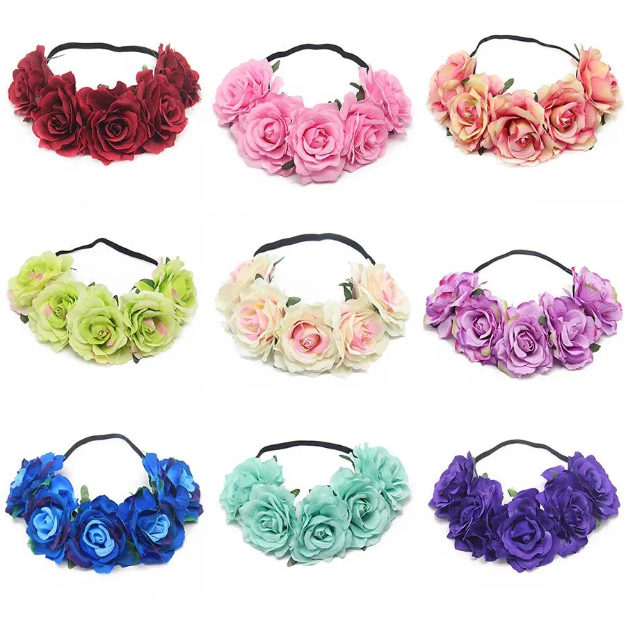 25Color Noiva Rose Flor Grinalda Cabeça Bandas Mulheres Menina Floral Coroa Cabelo Cabelo Cabeça Elástica Borracha Banda Garland Bohemia Headwear