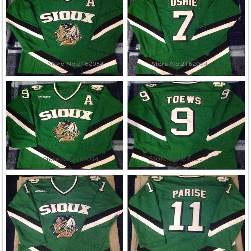 Nikivip University of North Dakota Fighting Sioux TJ Oshie 7 Jonathan Toews 9 Zach Parise 11 Maglia da hockey retrò Cucita da uomo Numero personalizzato Nome