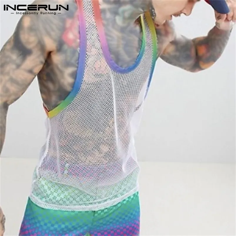 Zomer mannen tanktops mesh patchwork streetwear mouwloze sexy casual vesten transparante ademende workout tops 5xl Incerun 220601