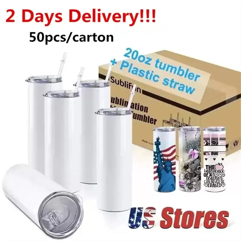US Warehouse STRAIGHT 20oz Sublimation Tumblers with Straw Stainless Steel Water Bottles Double Insulated Cups Mugs for Birthday Party Gifts