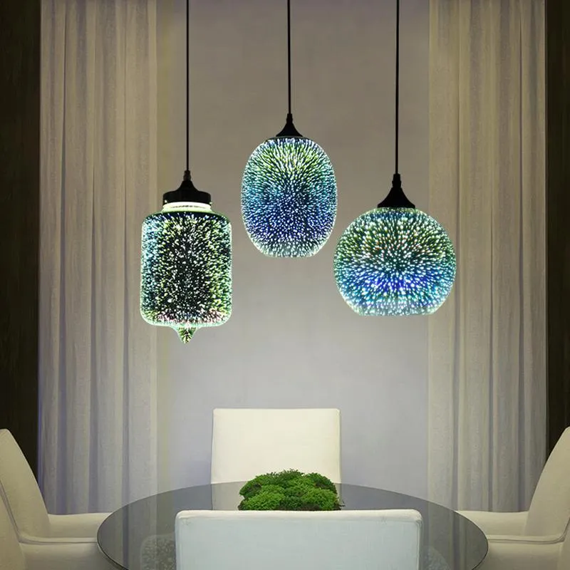 Pendant Lamps Modern 3D Colorful Fireworks Nordic Starry Sky Hanging Glass Lampshade Chandelier E27 LED Kitchen Dining Living Room Cafe BarP