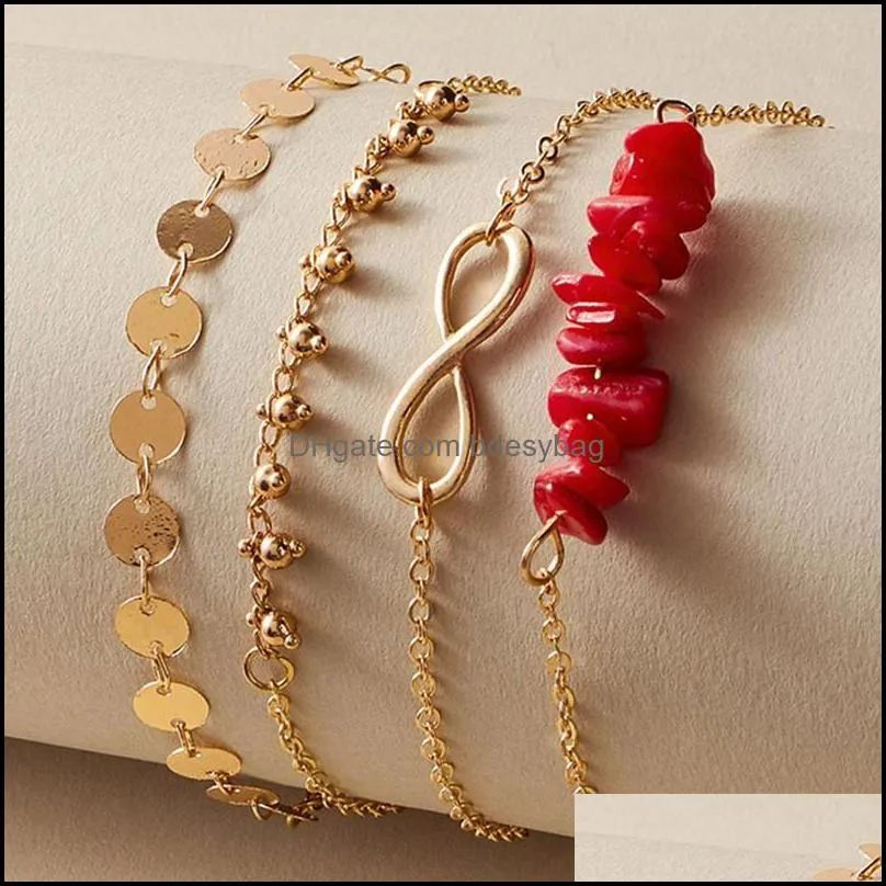 4pcs/set Link Chian Bracelets For Women Gold Plated Flowers Red Stone Blue Green Beads Rhinestone Bracelet Bangles Gift