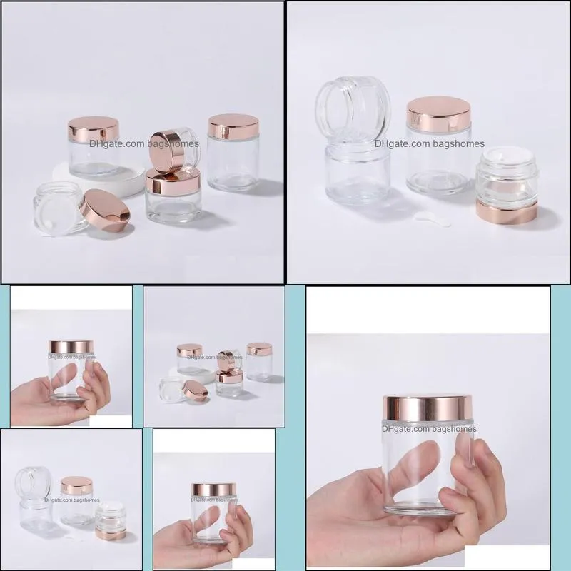 frosted glass cream jar clear cosmetic bottle lotion lip balm container with rose gold lid 5g 10g 30g 50g 100g packing bottles dh8456