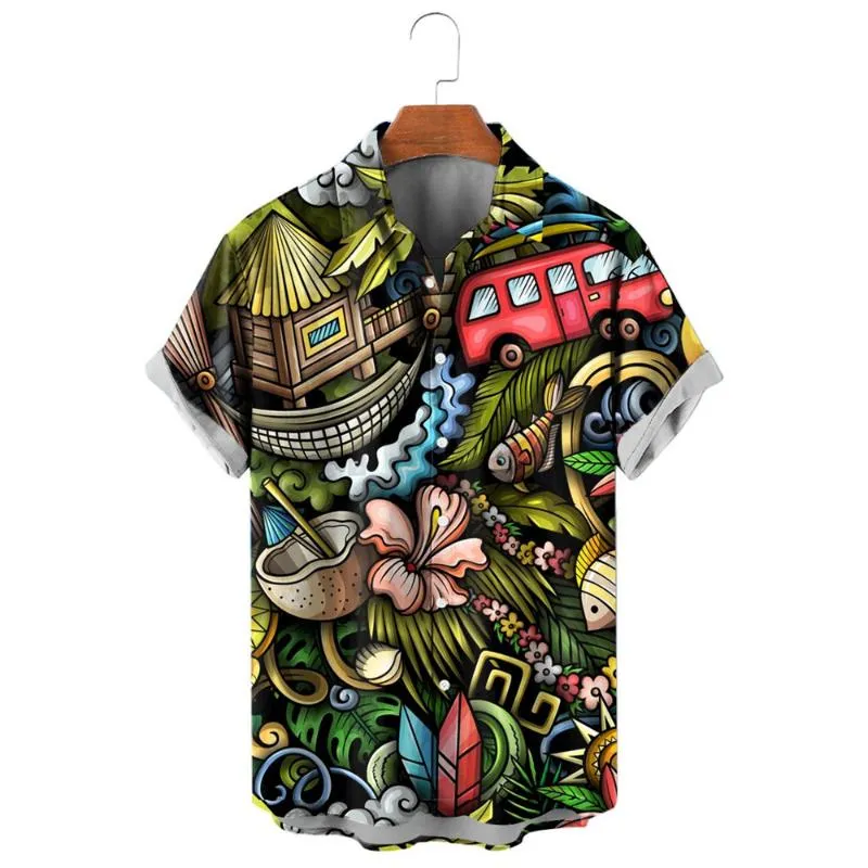 Camisas casuais da moda masculina máscara de arte masculina folha de folhas curtas Camisa de manga curta Polinésia Tops da praia