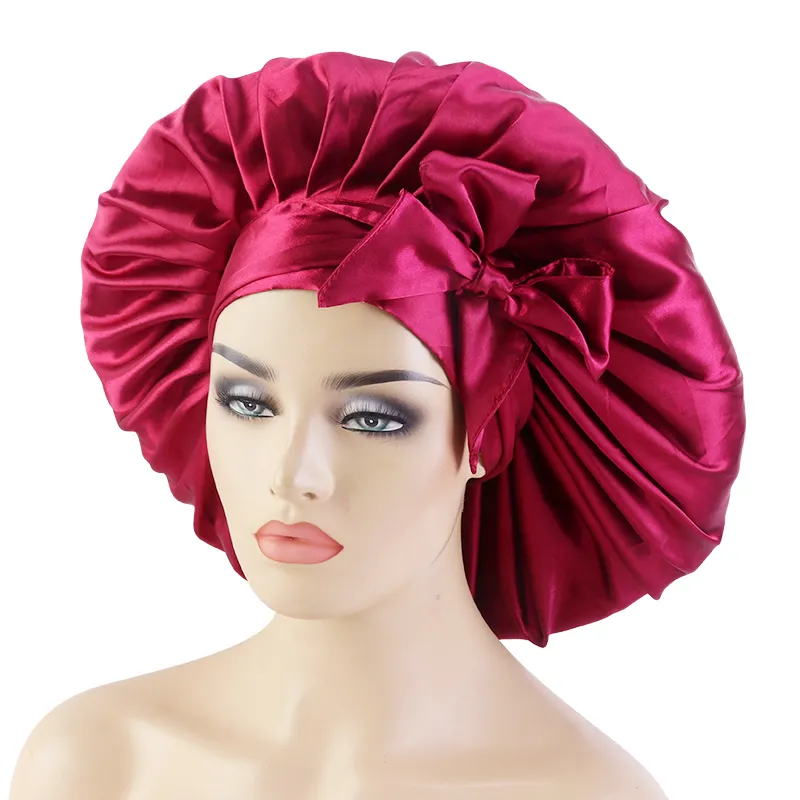 Kvinnor Extra stor satintornhuv med långt bundet Silky Band Night Sleep Cap Headwrap Soft Head Cover Styling Accessoarer