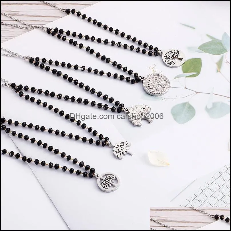 Fashion Simple Black Glass Round Bead Tree Of Life Titanium Steel Ladies Necklace Chains