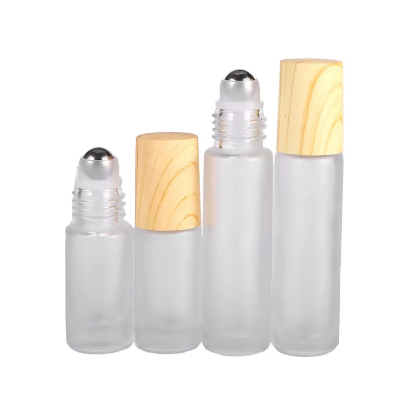 5ml 10ml Roll On Bottle Frosted Clear Glass Roller Bottles with Wood Grain Plastic Cap for Essential Oil Perfume