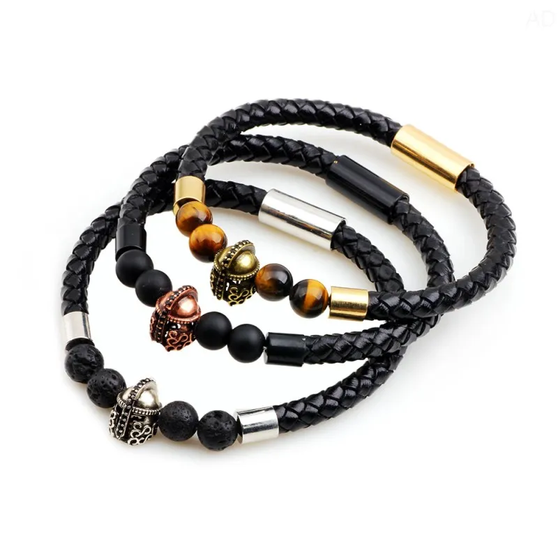 Cool Coppe – Bracelet en cuir véritable pour hommes, breloque de casque, perles de tigre en Agate de 8 MM, cadeau