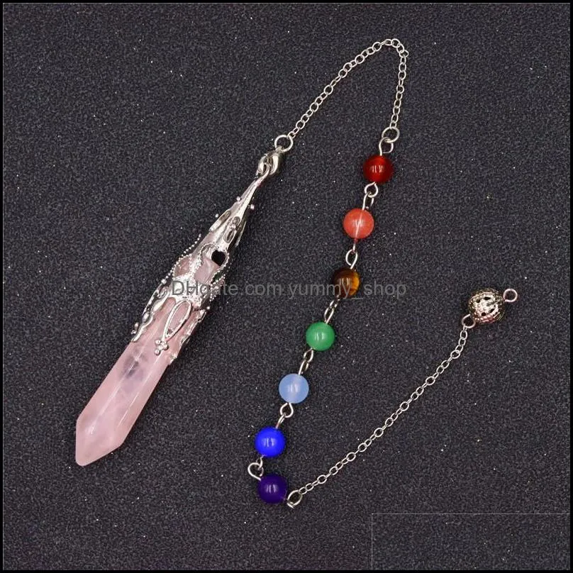 natural stone pendulum hexagonal prism shaped pendant charms 7 chakra chain for divination crystal jewelry charm amulet healing