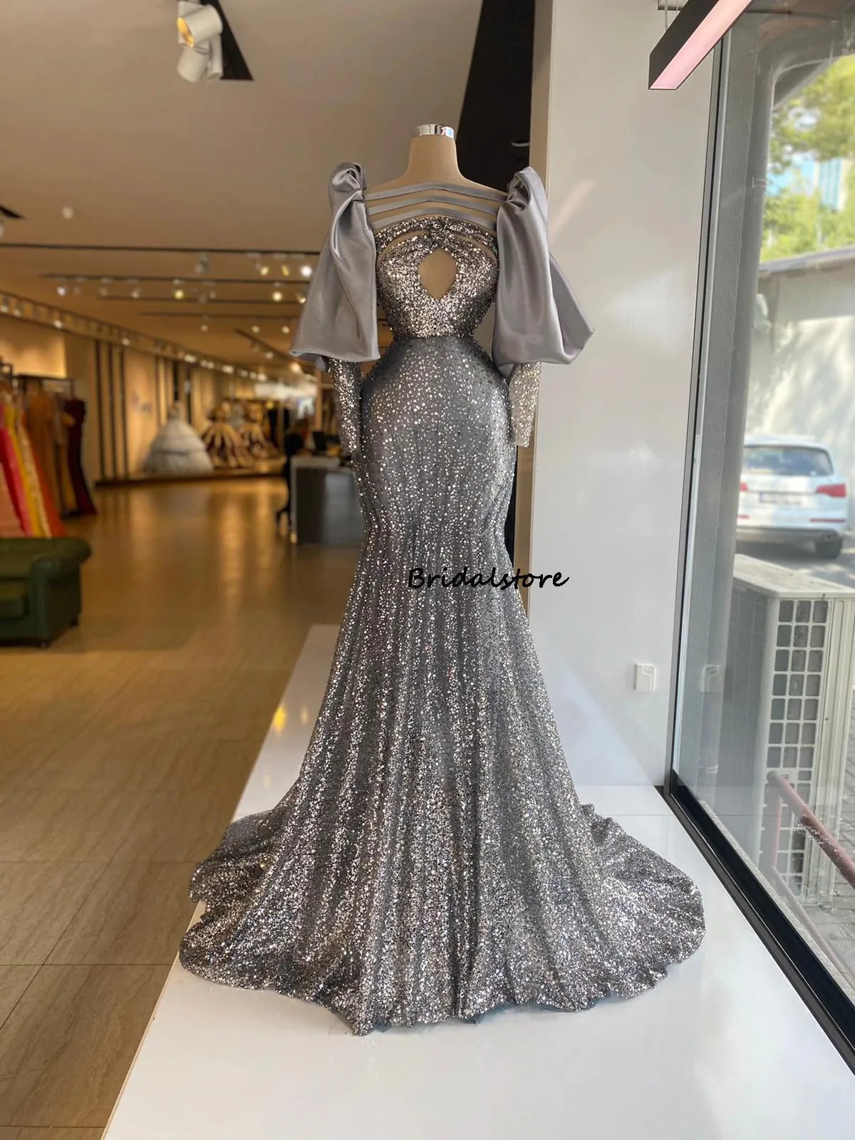 Gray Sequin Mermaid Prom Dress Long Sleeve Keyhole Neck Plus Size Black Girls Evening Dresses Elegant Ceremony Formal Party Gown Vestidos Elegantes Para Mujer 2022