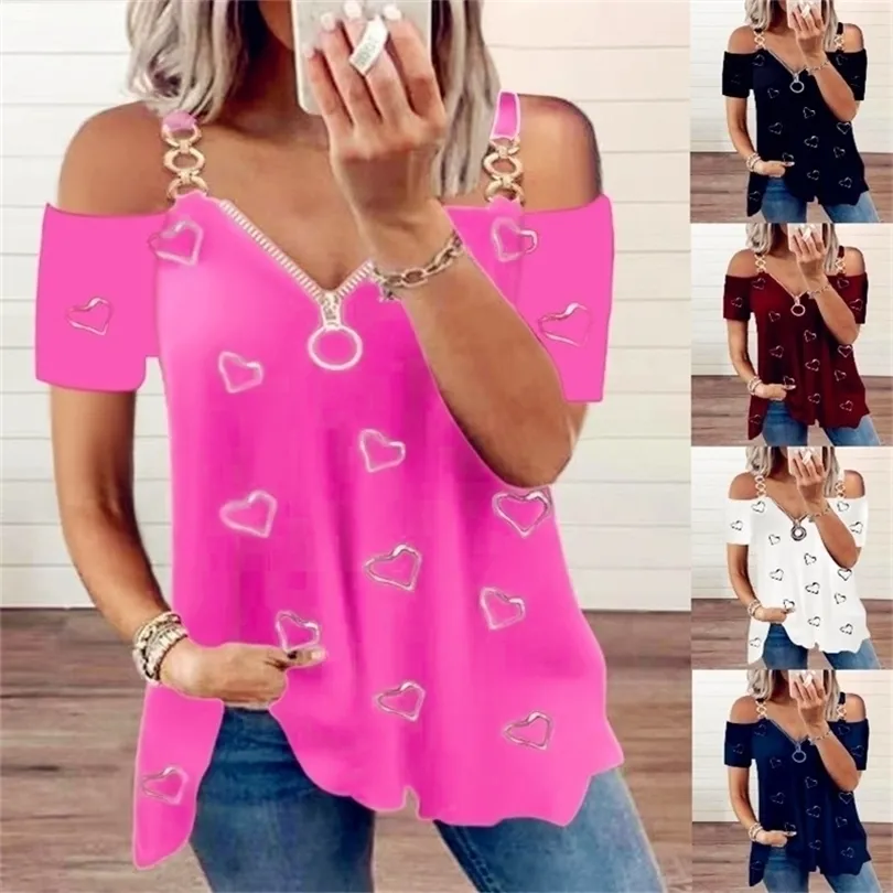 Zomer Vrouwen Tops Tees Femme Off Shoulder T Shirts Rits Casual Liefde Ruches Korte Mouw Losse Sexy Boho Shirt 220530