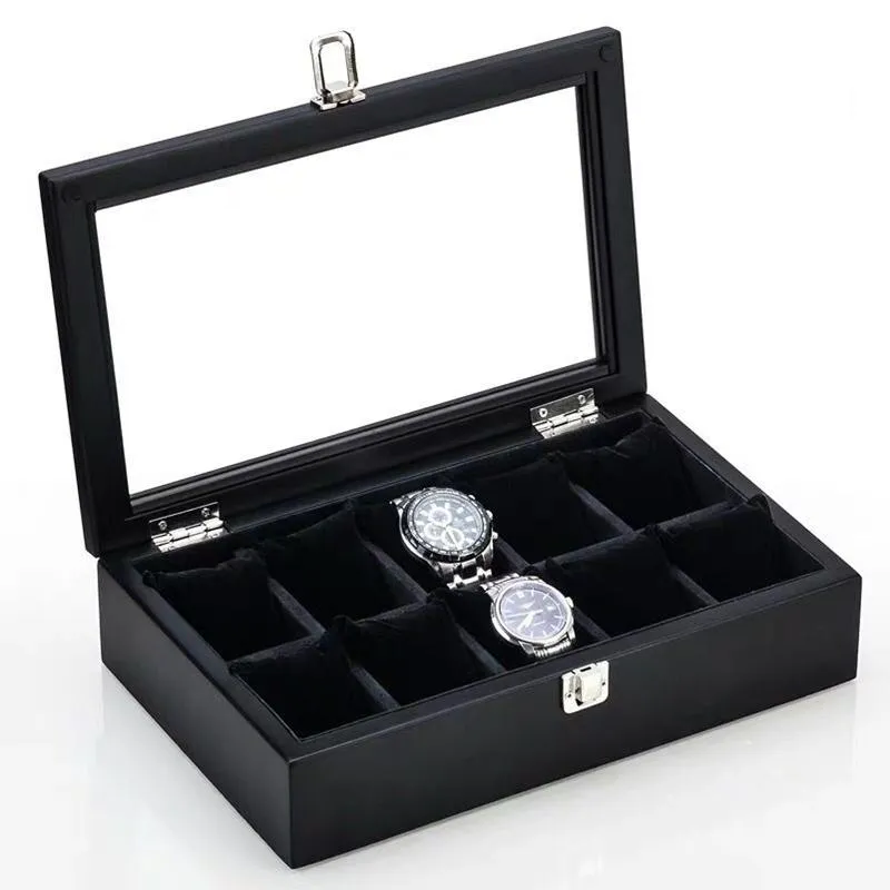 Titta på lådor fall 5/8/10/12 slots Watches Box Organizer Black Wood Holder Fashion Gift for Men