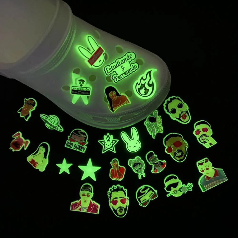 1st Luminous Bad Bunny Croc Charms PVC Glow in the Dark Shoe Decorations For Clogs Sandals Wristband Accessories Party Gifts