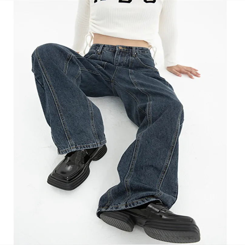 Jeans feminino azul escuro jeans de jeans alta vintage cal￧as de jeans saques retas de rua de rua 220824
