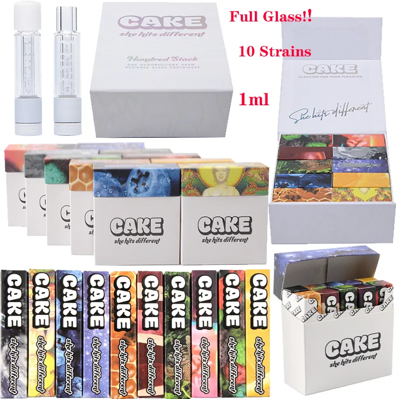 New CAKE Full Glass Atomizers 510 Thread 1.0ML Carts Ceramic Coil Disposable Thick Oil Dab Pen Wax Vape Pen Cartridges E Cigarettes Vaporizers 10 Strains Empty