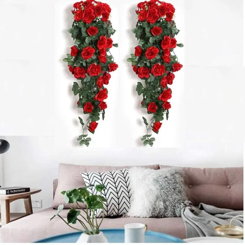 Dekorativa blommor kransar 2st Simulering Rose Vine Living Room Wall Decoration Green Plant Plastic Fake Flower Indoor Hanging Basket Art