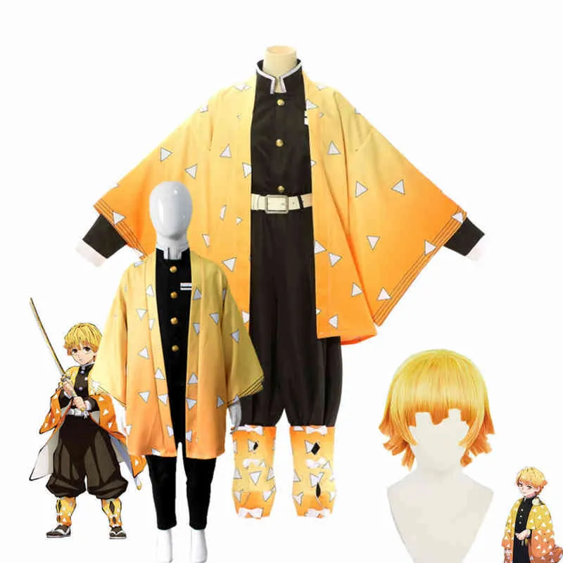 Anime Demon Slayer Kimetsu No Yaiba Agatsuma Zenitsu Quimono Halloween Roupa Cosplay Traje AA220324