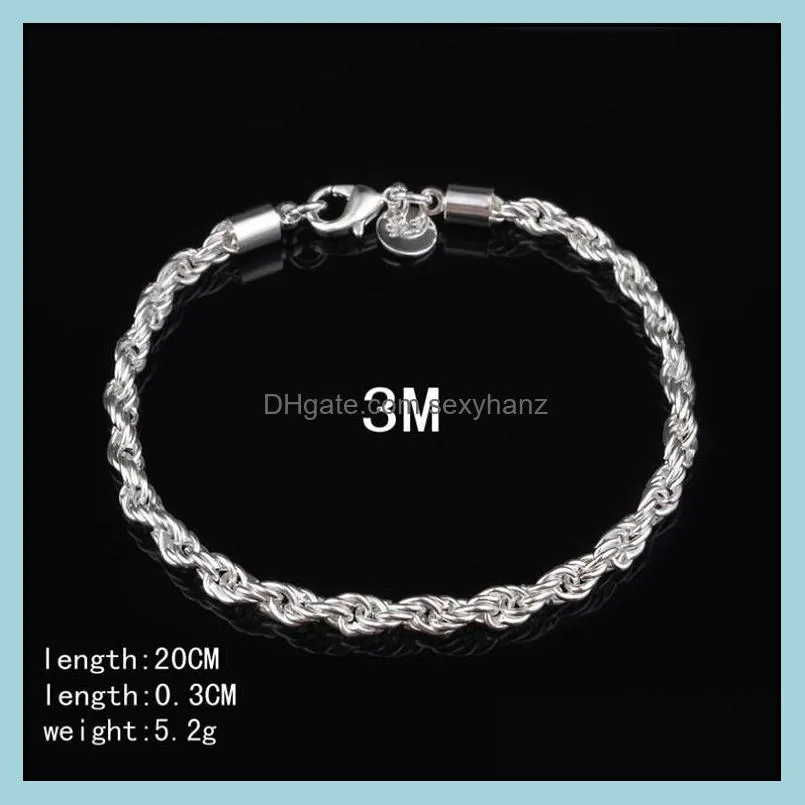 silver charm bracelet hot sale rope link chain cuff bracelets for women girl men party fashion jewelry wholesale free ship 0035ydh