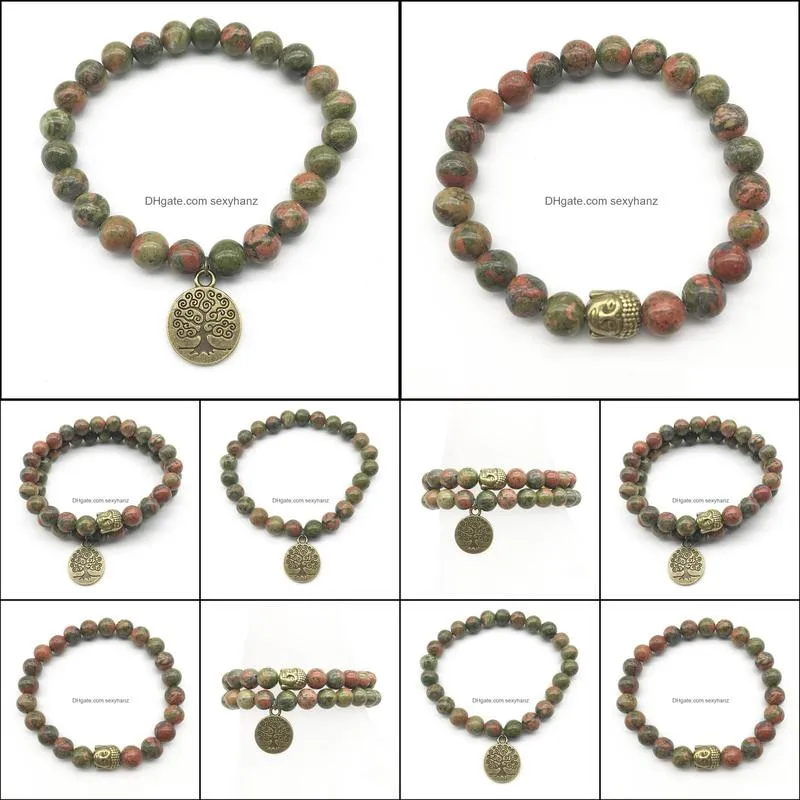 SN1275 Tree of Life Buddha Bronze Charm Bracelet Set Vintage Design Unakite Bracelet High Quality Natural Stone Jewelry