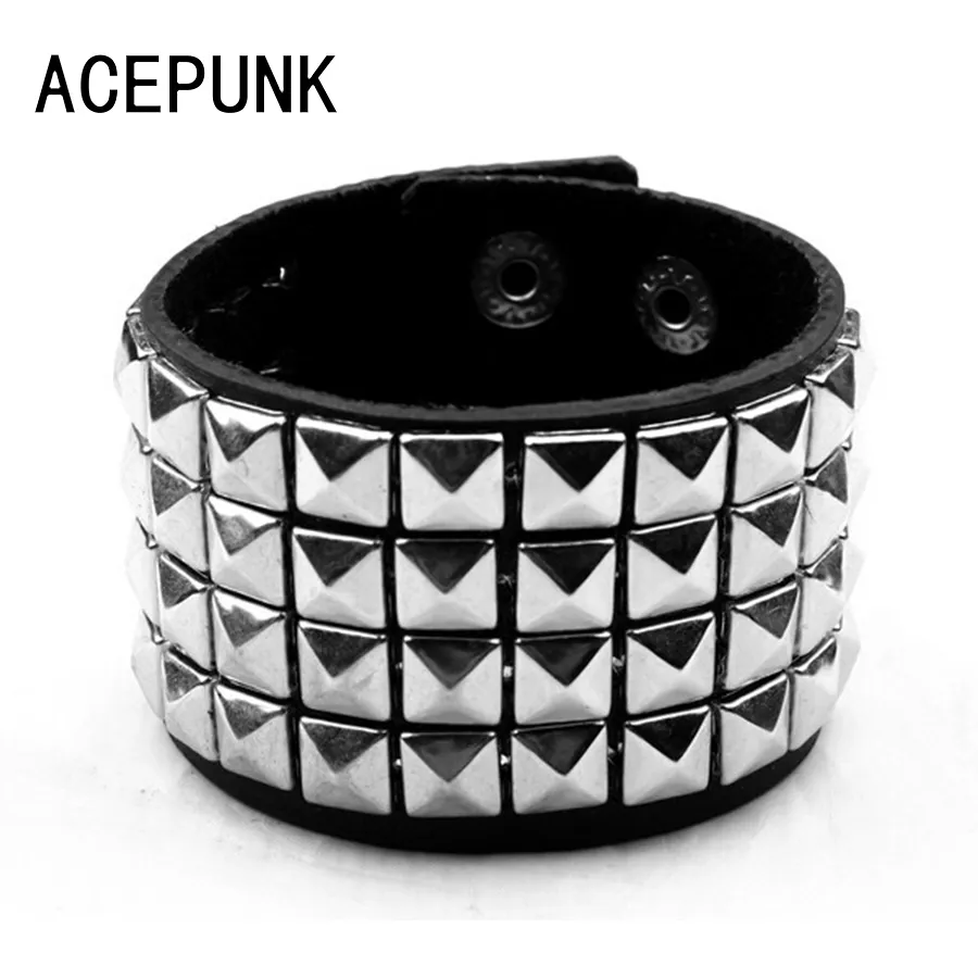 Brede Punk Klinknagel Lederen Armbanden Rock 4 Rijen Vierkante Nagels Polsband Maat Verstelbaar Sieraden Armbanden Bangle