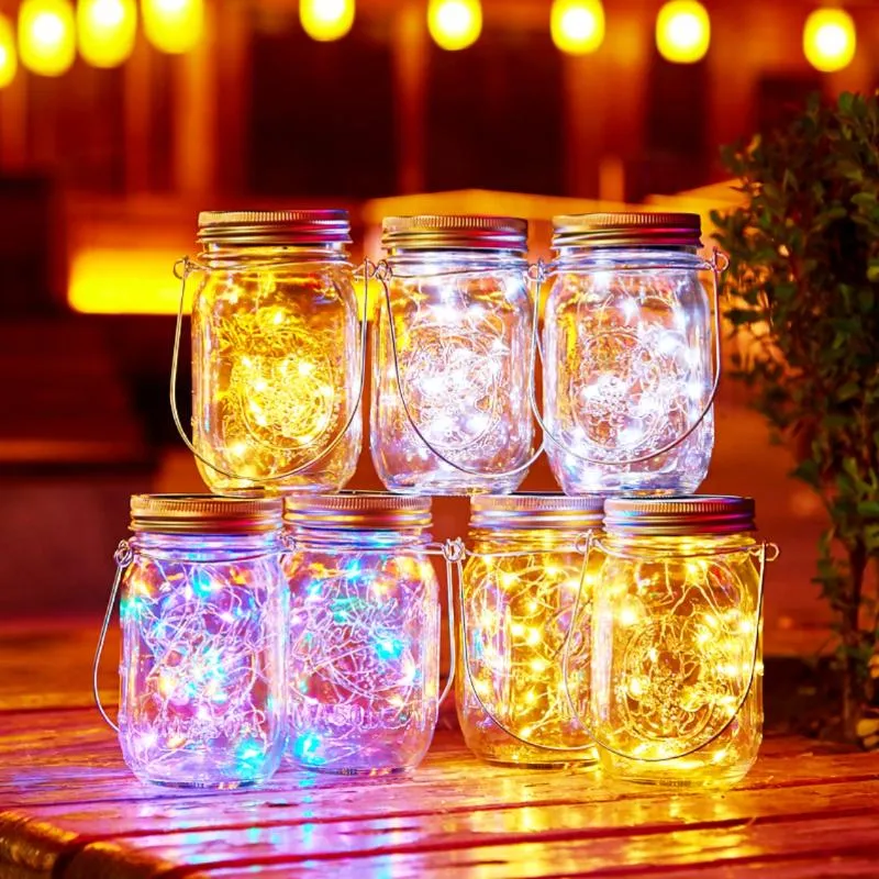 Strängar Solar Fairy Light For Garden Decoration Julbelysning Bröllop utomhus med Mason Jar Lid Color Byte Stringsled LED