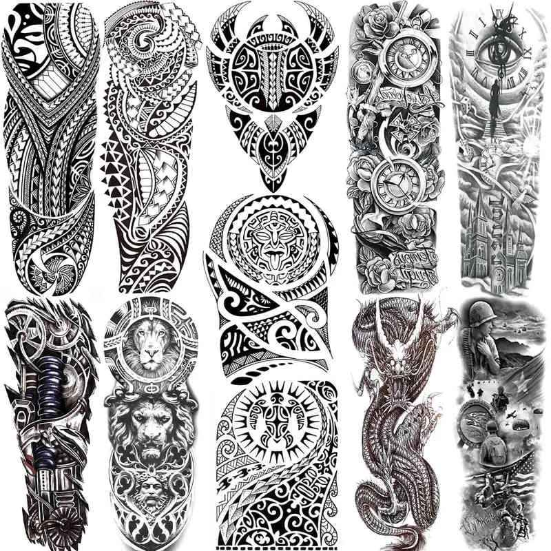 NXY Tatouage Temporaire Noir Maori Manches Tatouages pour Hommes Femmes Faux Corps Art Dessin Plein Bras 3d Loup Dragon Militaire Tatoos Montrer 0330