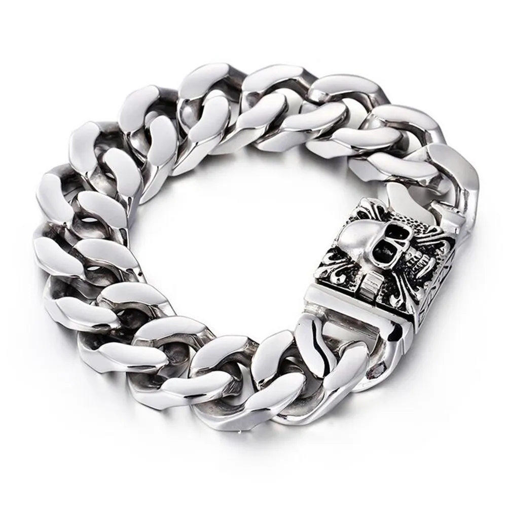 Save Big on Bulk Mens Gothic Chain Gothic Jewelry For Men: 20mm Cuban Link  Chain Skull Bracelet In Gold Silver Stainless Steel Bold Biker Style,