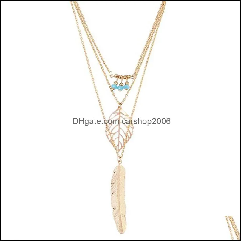 pendant necklaces creative long metal leaf feather sweater necklace multi-layer for women european and american lady jewelry