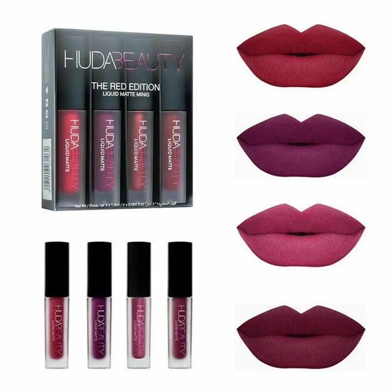 Gloss à lèvres Huda réglé quatre couleurs mate étanche à lèvres antiadhésive antiadhésive maquilleurs femmes Cosmetic Lief Care Wholesale