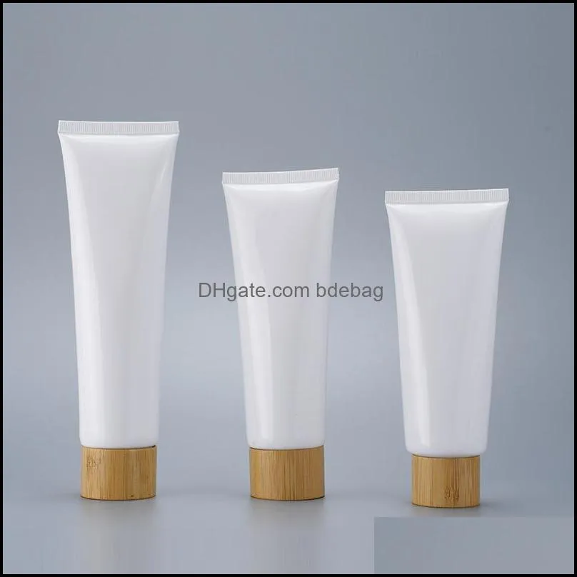NEWEmpty White Plastic Squeeze Tubes Bottle Cosmetic Cream Jars Refillable Travel Lip Balm Container with Bamboo Cap RRD12851