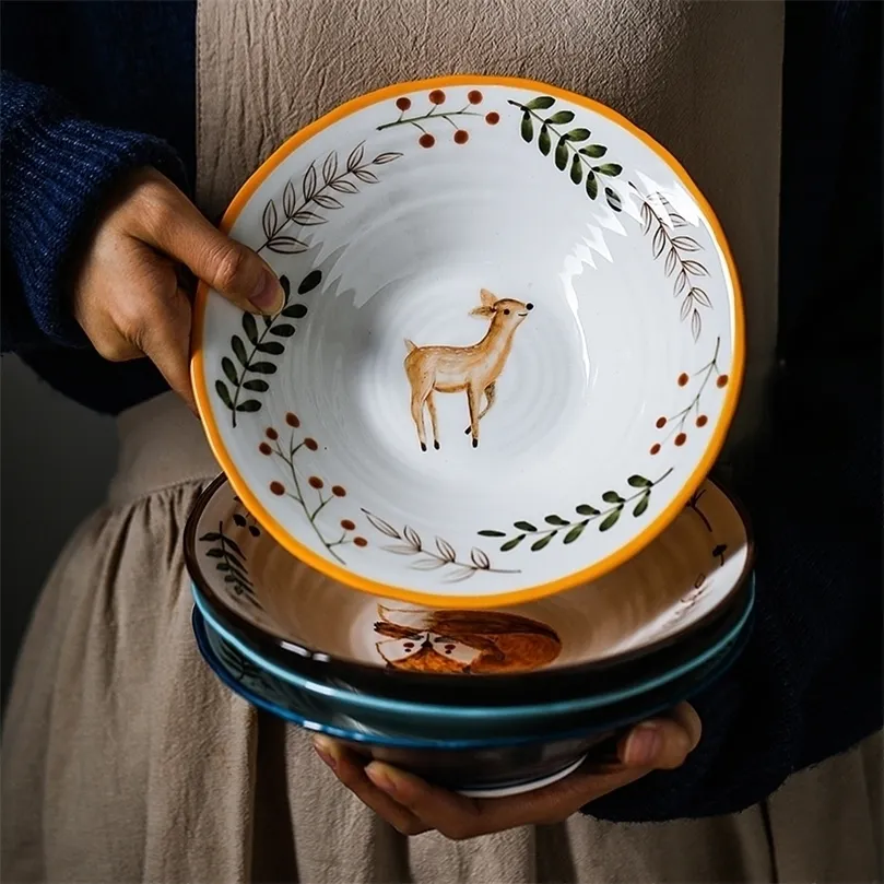 8 inch Ceramic Bowl dle Forest Animal Design Large Creative Restaurant Household Flower 220408