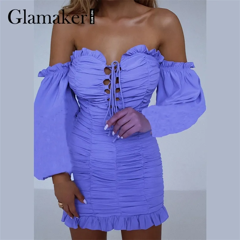 Glamaker Purple off shoulder sexy bodycon fold mini dress Party ruffles lace up slim dinner vestidos Lantern sleeve 220524