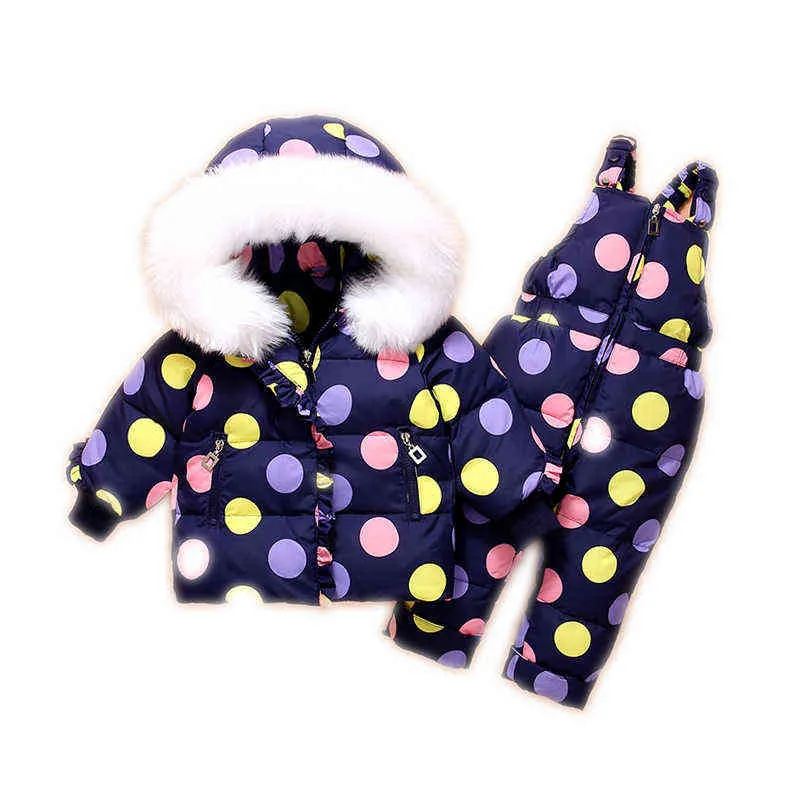 아기 소년 겨울 의류 아기 재킷 도트 패턴 재킷 큰 모피를위한 큰 모피 다운 재킷 세트 어린이 겨울 스노우 슈트 J220718