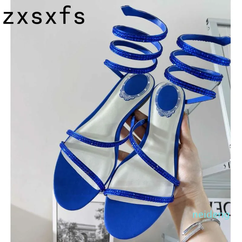 Sandały kryształowe okład na kostkę Slim Women Nowator Wąż Twining Night Club Sandalias Summer Flat Wear Gladiator Mujer 2022