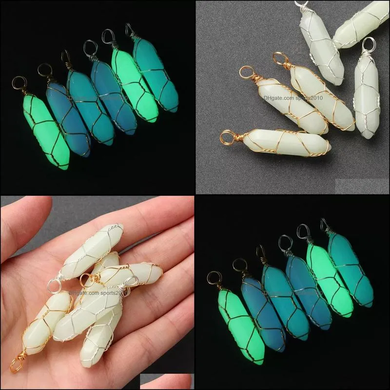 hexagonal cylindrical crystal stone charms glow in the dark luminous wire wrap stones pendant for necklaces jewelry making women men