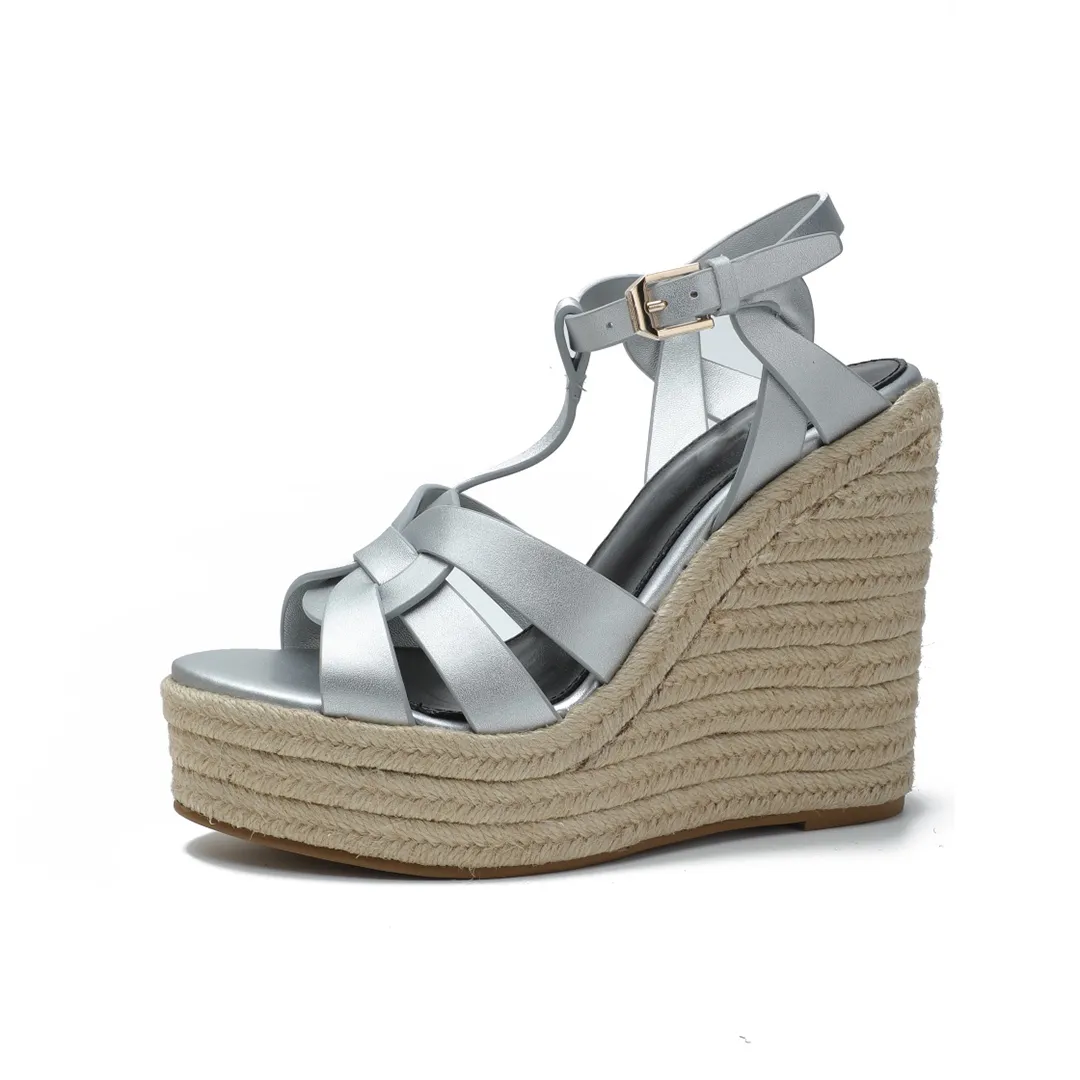 Sandalias plateadas Zapatos de mujer de piel de vaca de verano caliente Tacón de cuña Mesa de agua gruesa Zapato fresco Zapato de fábrica de tacón alto de 12,5 cm 35-42 Sandalia clásica con caja