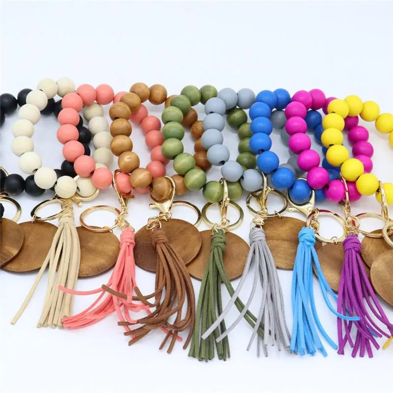 18 Styles Wood Bead Keychain Favor Elasticity Beaded Bracelet Multicolor Tassel Keyring DIY Wooden Chips Pendant Charm