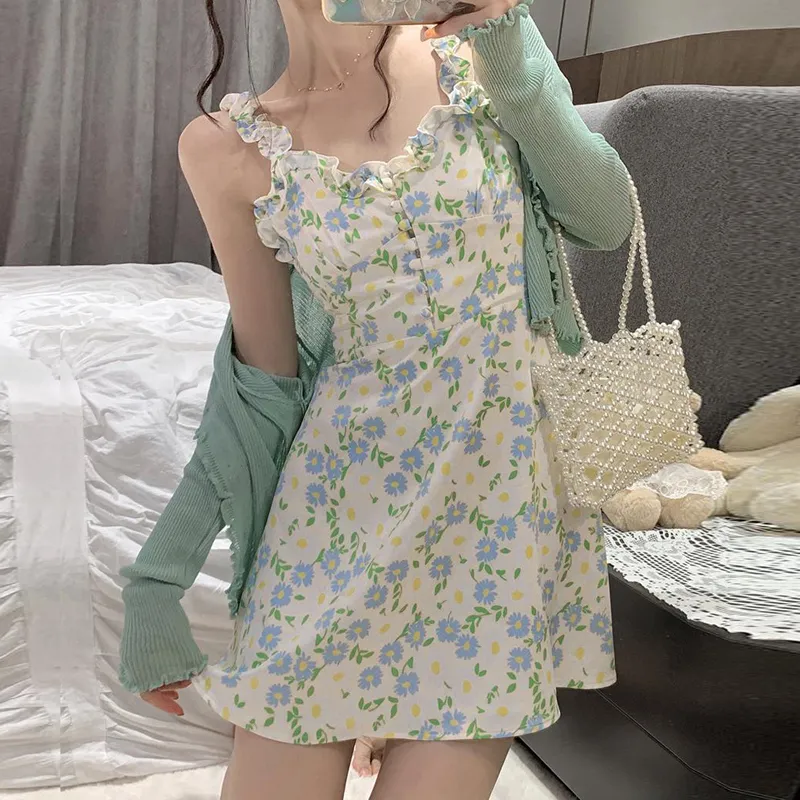 Czjms chiffon cami jurk print bloemen casual jurk hoge taille losse jurk elegante kleding Koreaanse zomermode 220520
