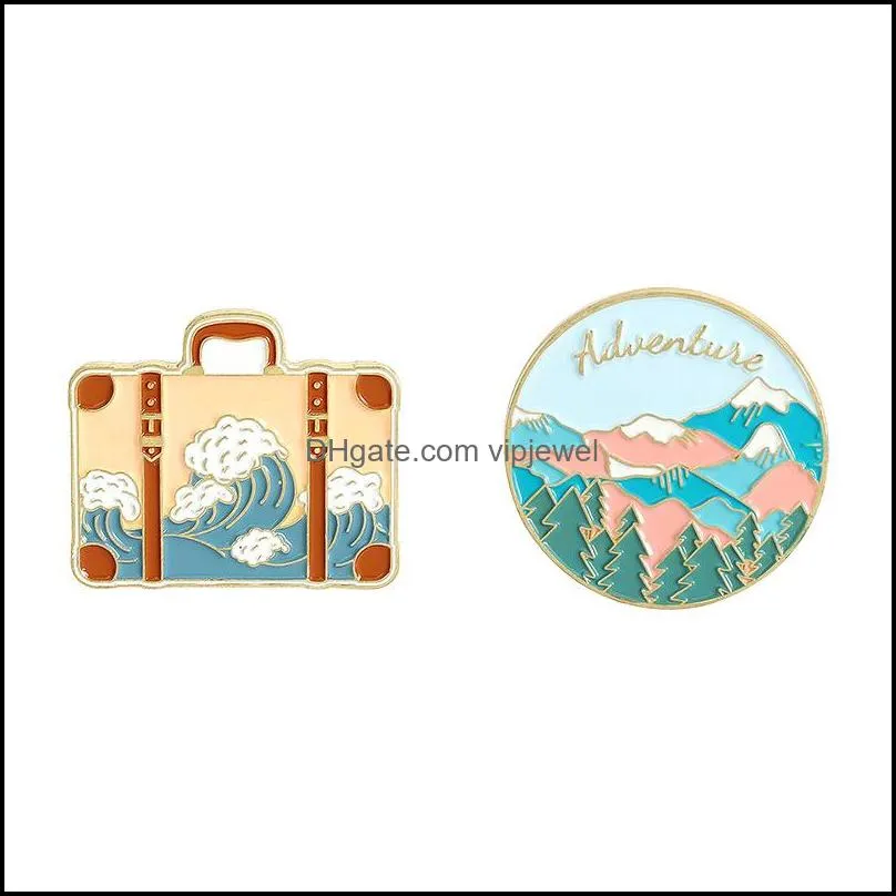 outdoor adventure travel bag shape brooches unisex circle mountain tree wave clothes badges alloy oil paint backpack sweater collar pins european