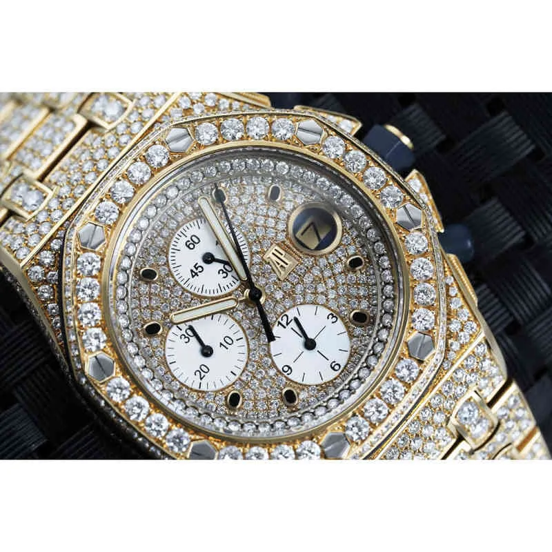 Iced Out 14k Yellow Gold Over Wrist Watch for Men Moissanite Studded Analog Round White Diamond