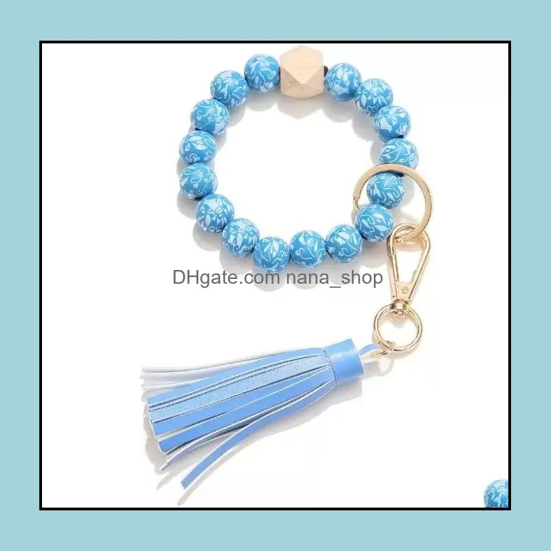 Fashion Flower Pattern Wood Beads Bracelets Keychains Leather Wrap Tassels Bracelet Keychain Round Bangle Keyring