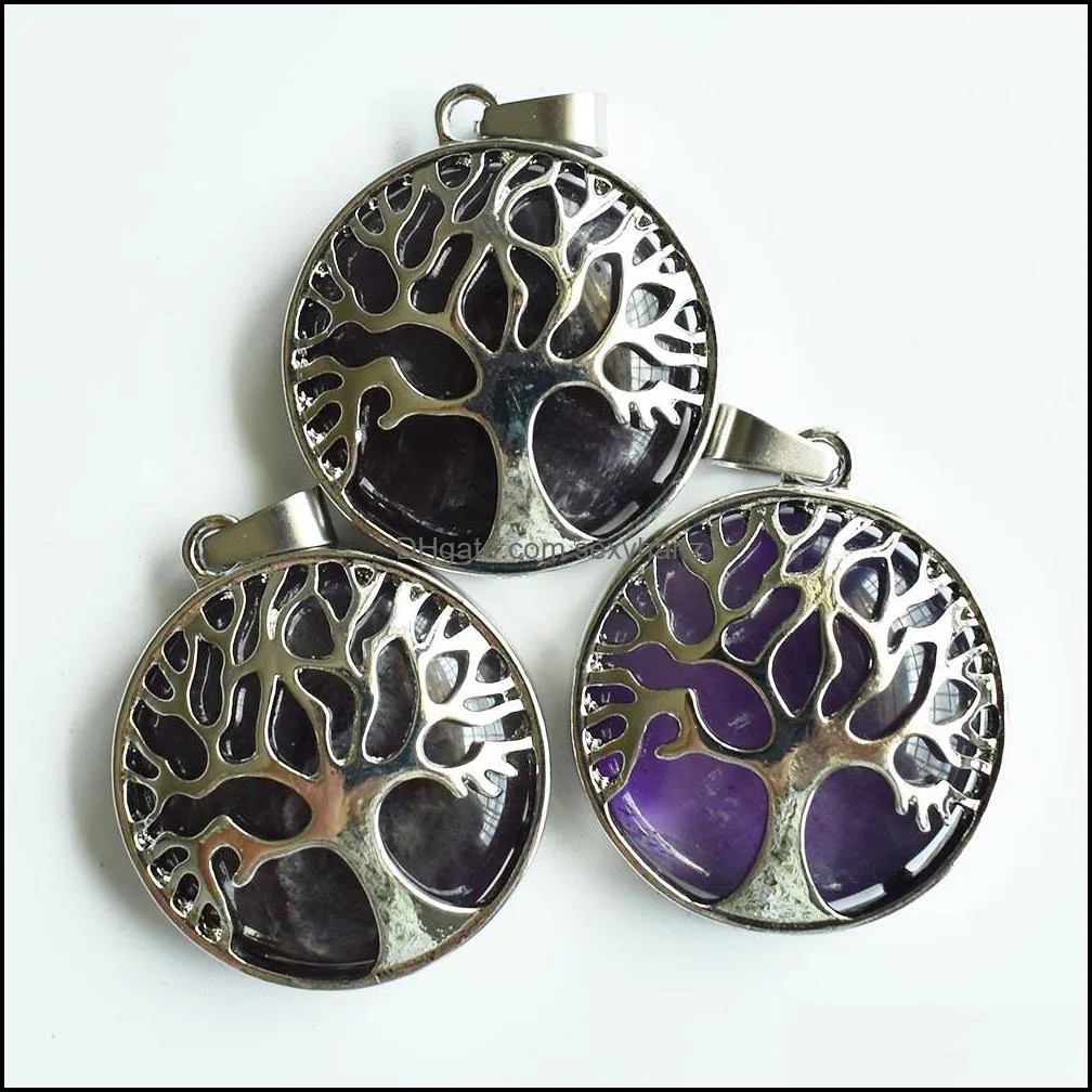 Natural Stone charms tree of life Amethyst Pendants Chakras Gem Stone for jewelry accessories necklace esarrings marking